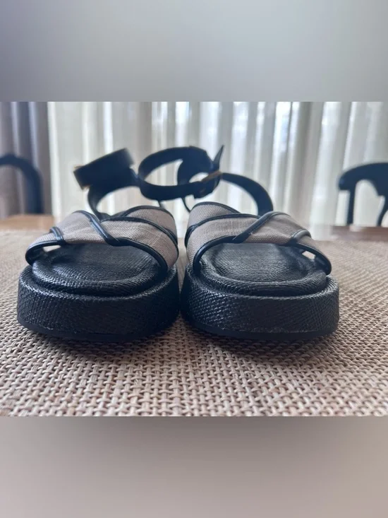 Sam Edelman Nylie Black Leather&Natural Linen Platform Ankle Strap Sandal.Size 8 - Picture 4 of 9